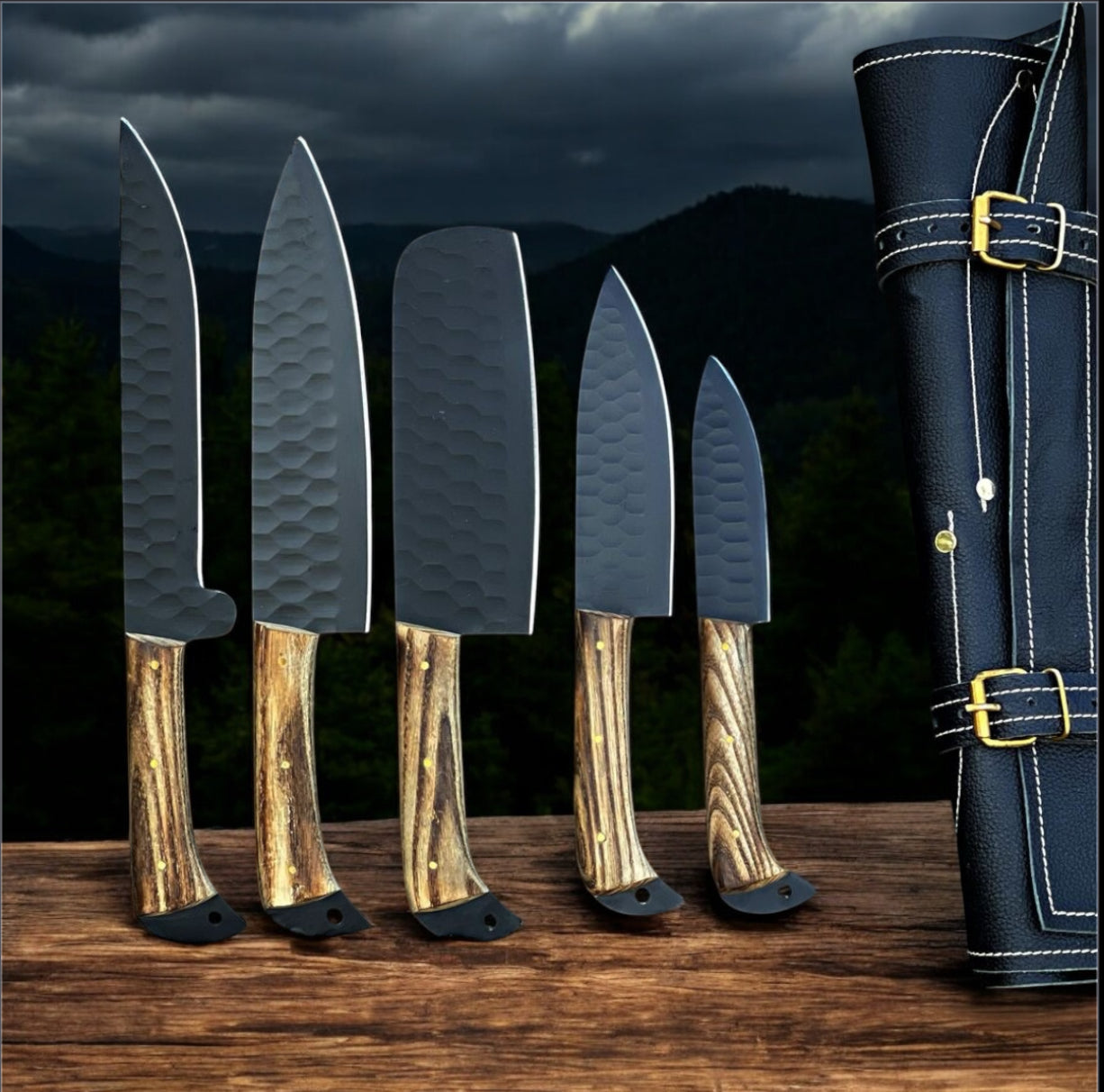 "Handcrafted Custom Kitchen Knives Set – Forged Steel & Olive Wood"