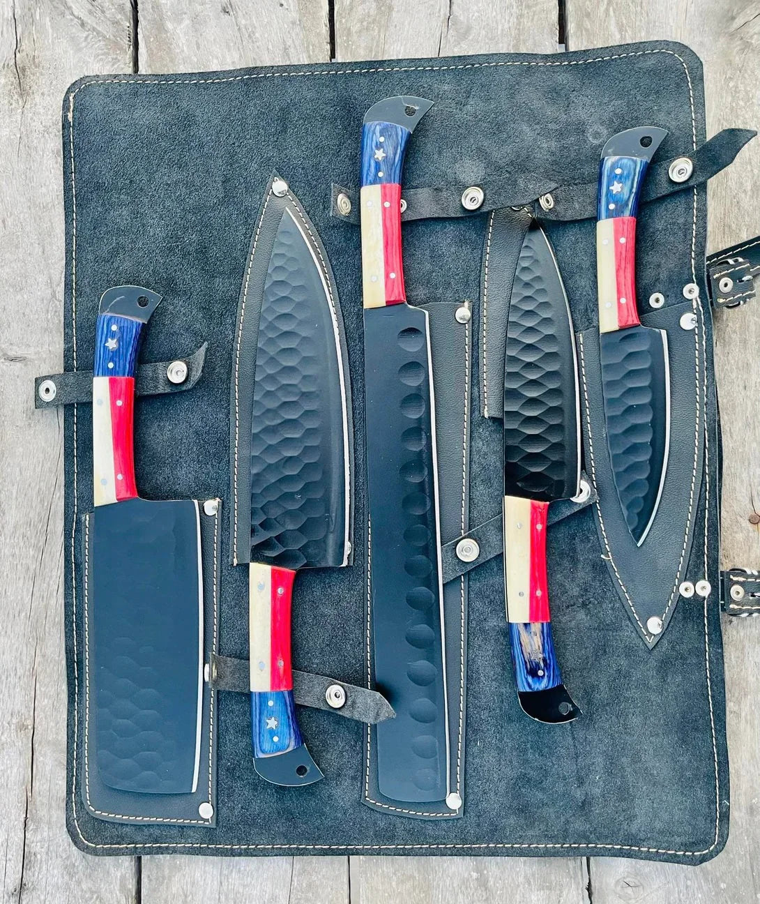 "Texas Flag Custom Kitchen Knives Set – Forged Stainless Steel Blades"